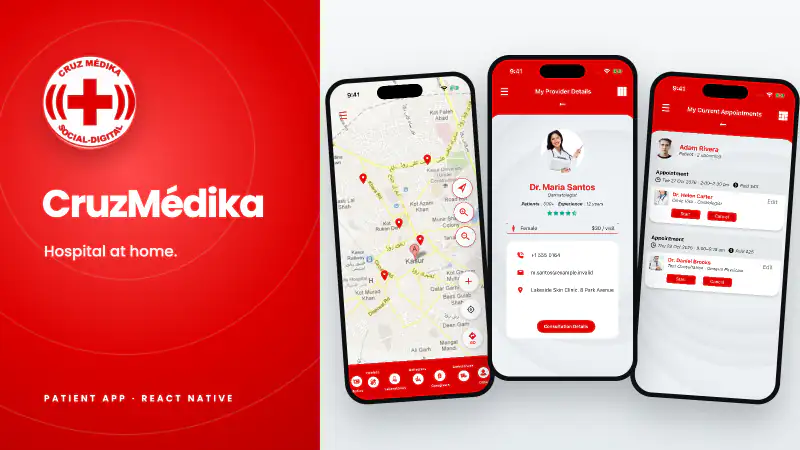CruzMédika care map, doctor profile and appointments beside the red Cruz Médika seal