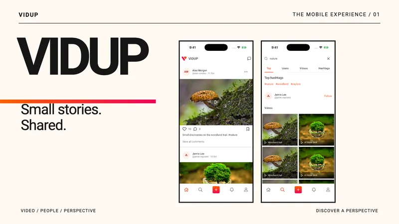 Vidup video feed and post settings in an orange and ivory editorial composition